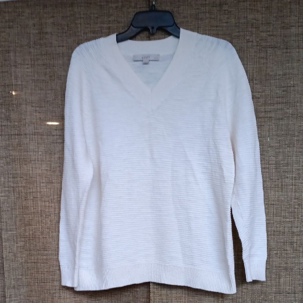 LOFT White V-Neck Cotton Blend Sweater